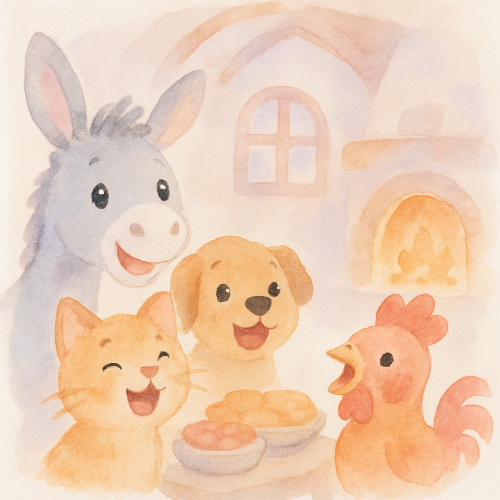 네 동물 친구들이 집에서 행복하게 노래 부르며 살아가는 장면